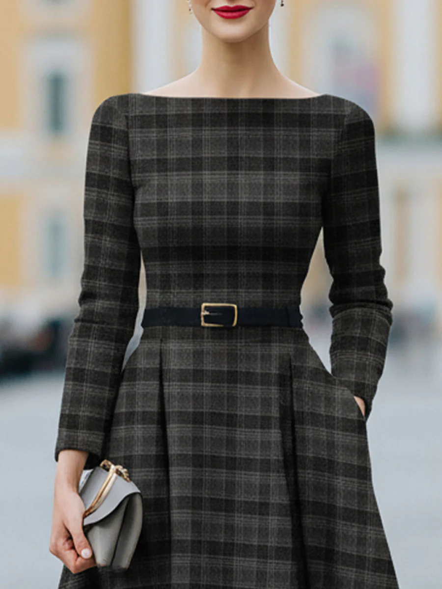 Chic Boat Neck Plaid Dress For Effortless Style