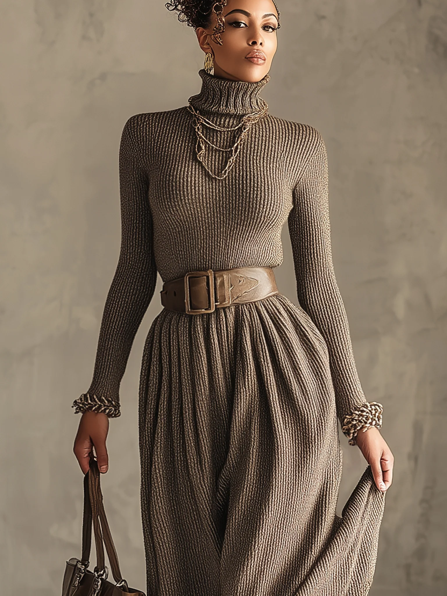 Taupe Ribbed Turtleneck Belted Long Sleeve Maxi Dress