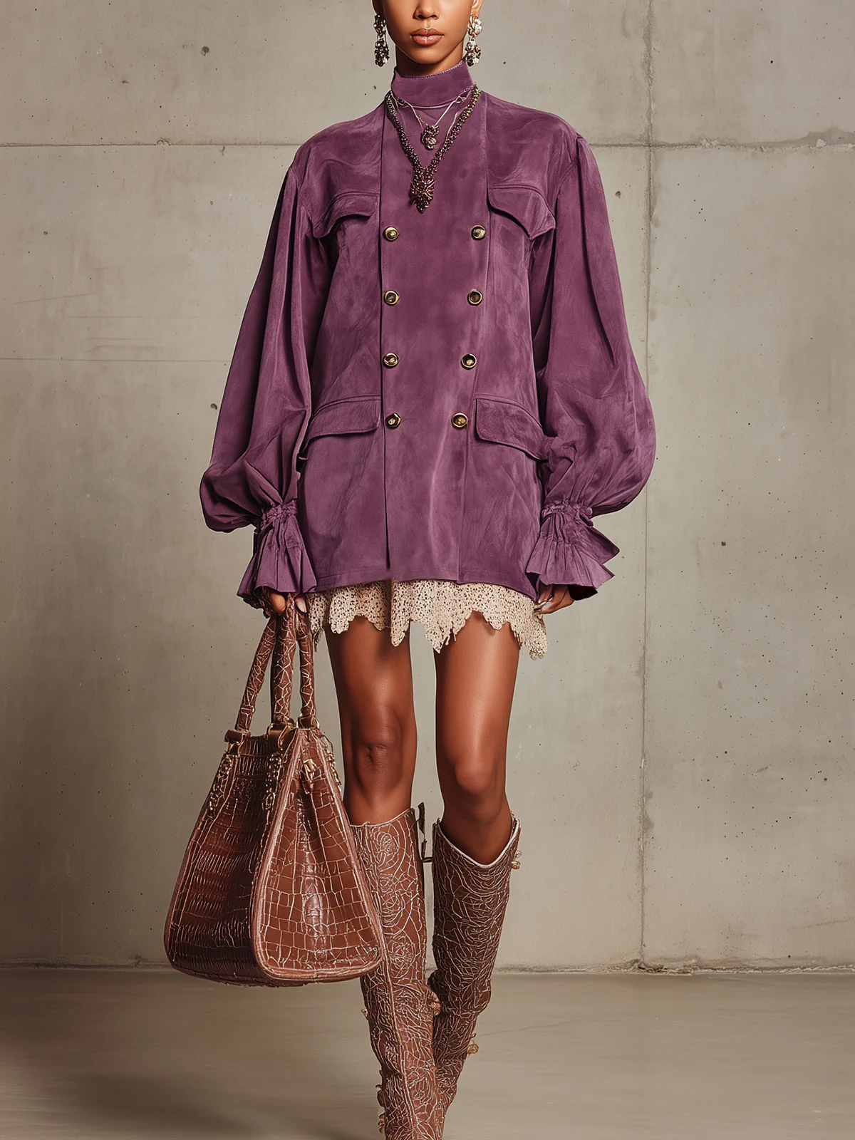 Plum Faux Suede Double-Breasted Blouse With Statement Sleeves