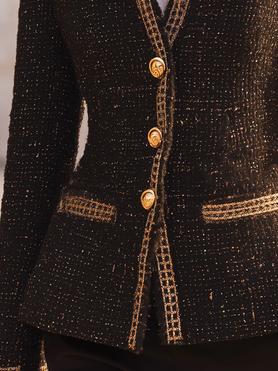 Black Gold-Lattice Tweed Blazer With Stand Collar