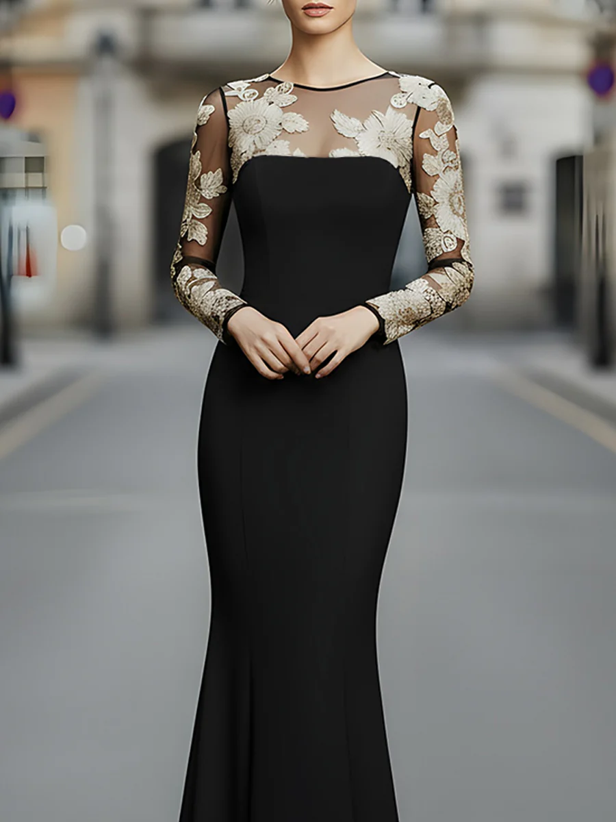 Black Embroidered Mesh Panel Evening Gown