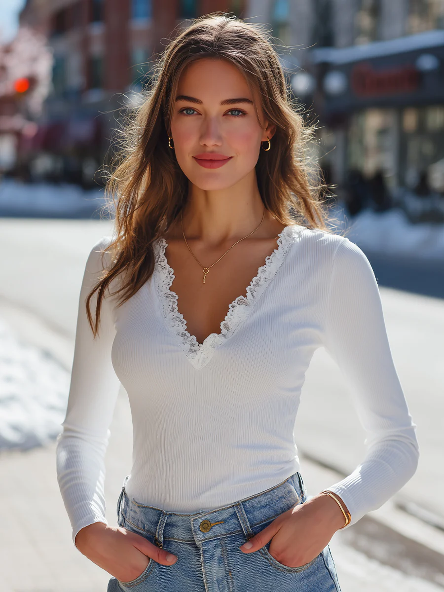 Elegant White Ribbed Lace-Trim V-Neck Long-Sleeve Top