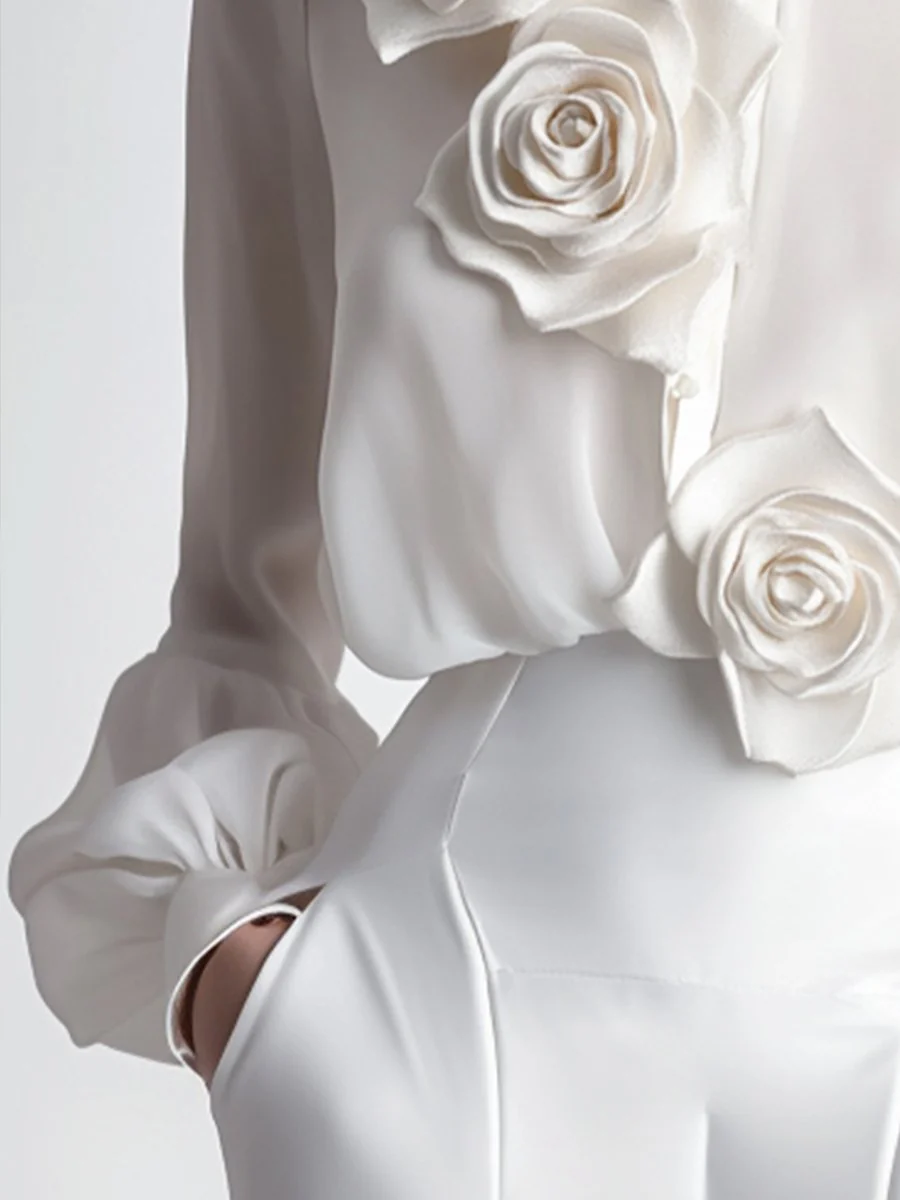 Modern White Blouse with 3D Rose Accents