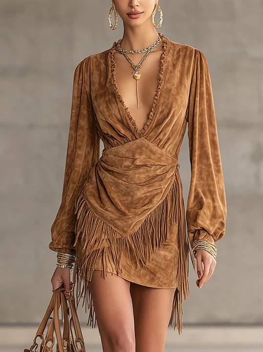 Camel Faux Suede Wrap Mini Dress With Fringe Hem And Deep V-Neck