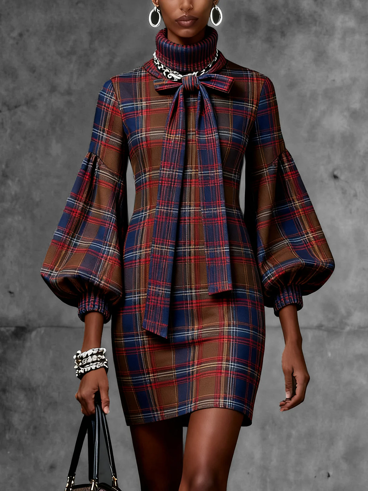 Plaid Puff Sleeve Dress With Bow Tie Neck