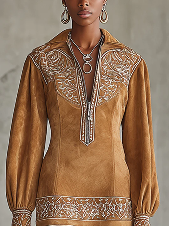 Camel Faux Suede Mini Dress With Embroidered Details And Zip Front