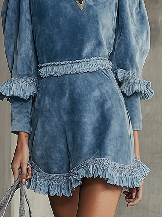 Blue Puff Sleeve Faux Suede Mini Dress With Ruffle Accents