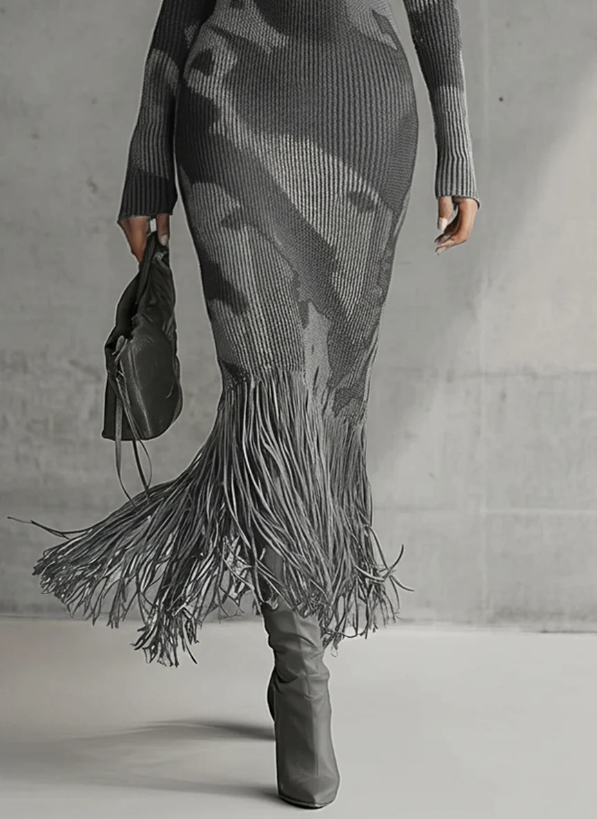 Olive Camo Knit V-Neck Fringe Hem Bodycon Dress