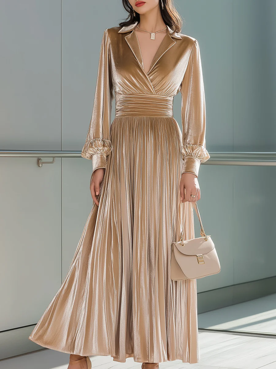 Champagne Gold Pleated Velvet Maxi Dress