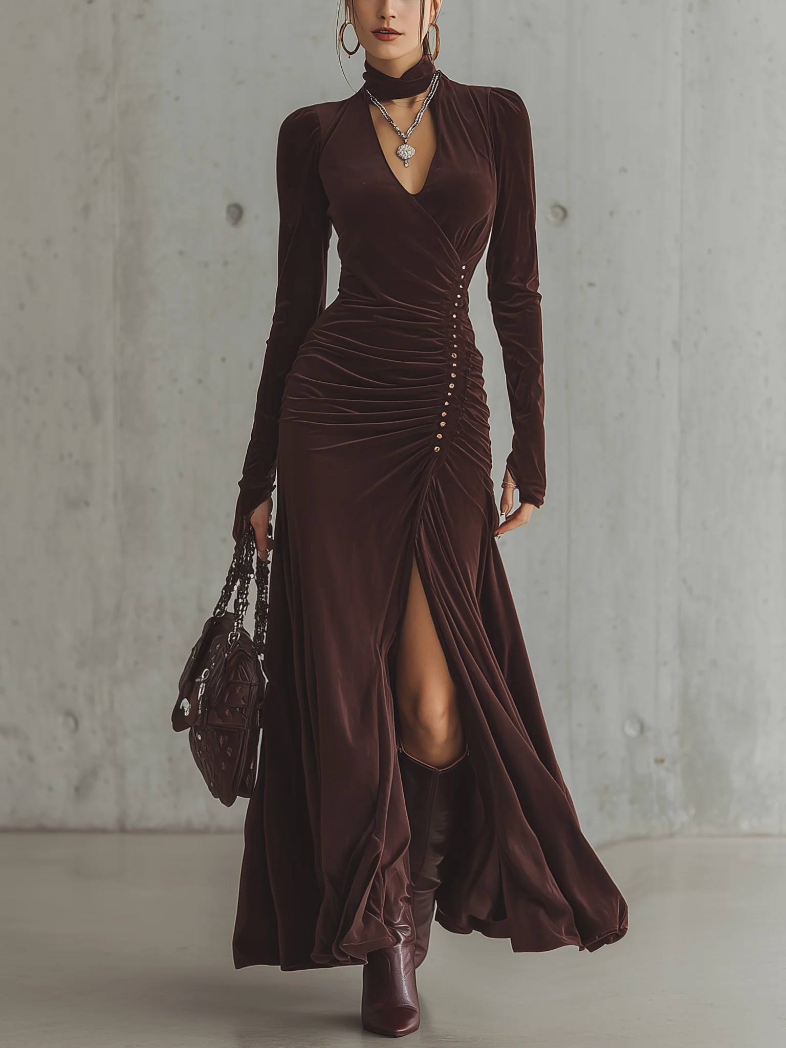 Reddish Brown Velvet Maxi Dress With Button Detail