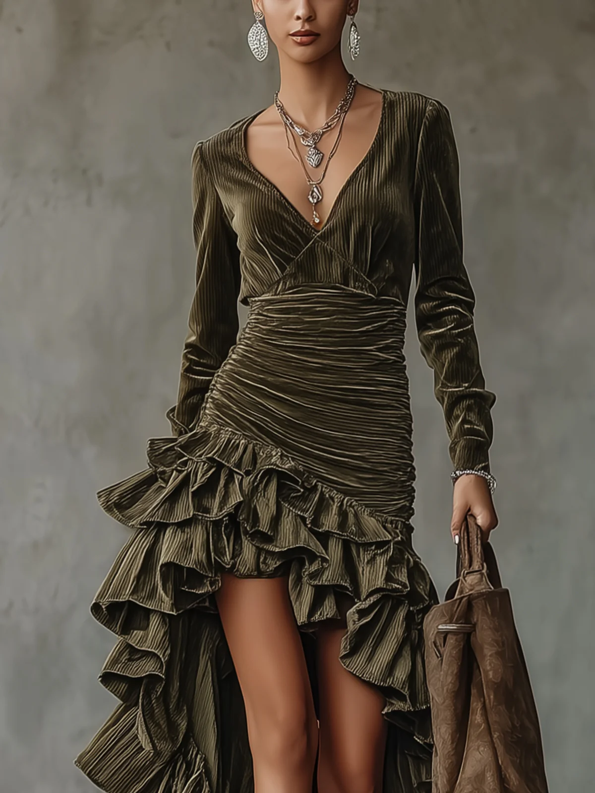 Olive Green Velvet High-Low Ruffled Dress With Ruched Waist