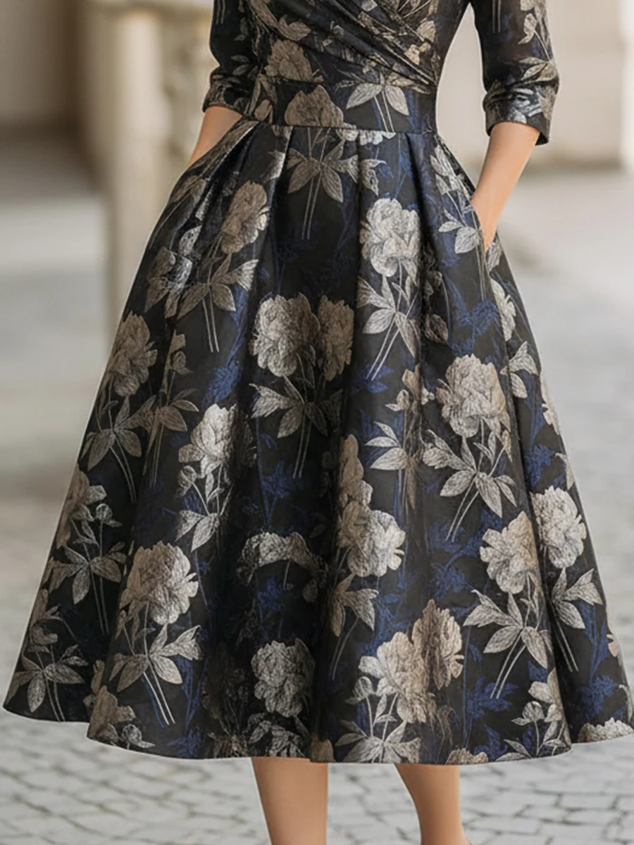 Elegant Jacquard Floral Midi Dress With Shawl Collar