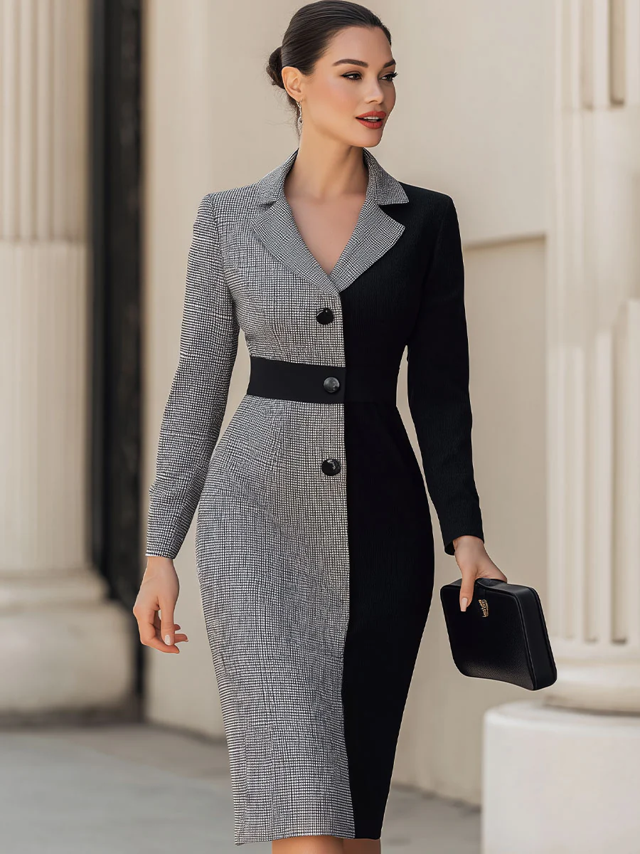 Contrast Houndstooth Blazer Dress