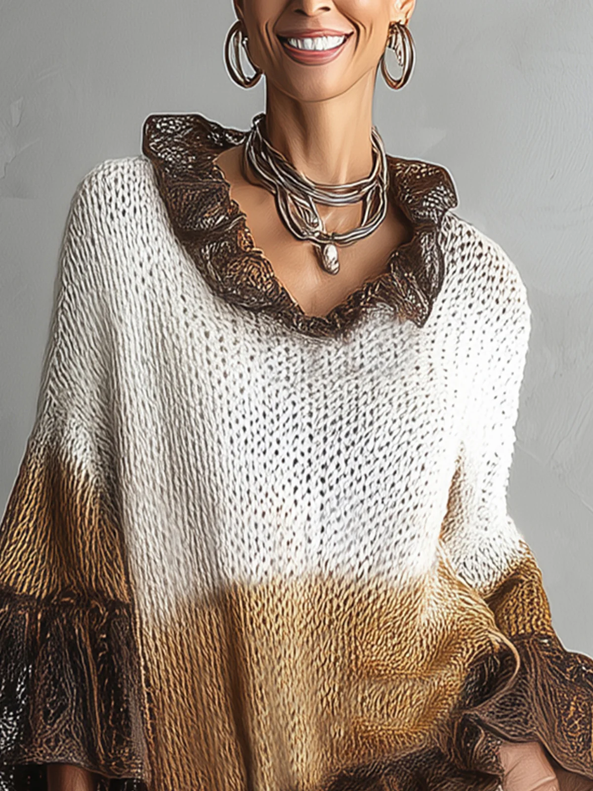 Brown Ruffled Knit Pullover With Flared Lace Sleeves