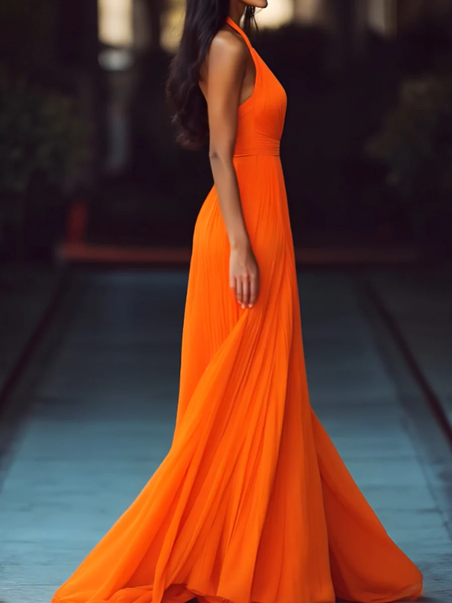 V-neck Halter Pleat Maxi Dress