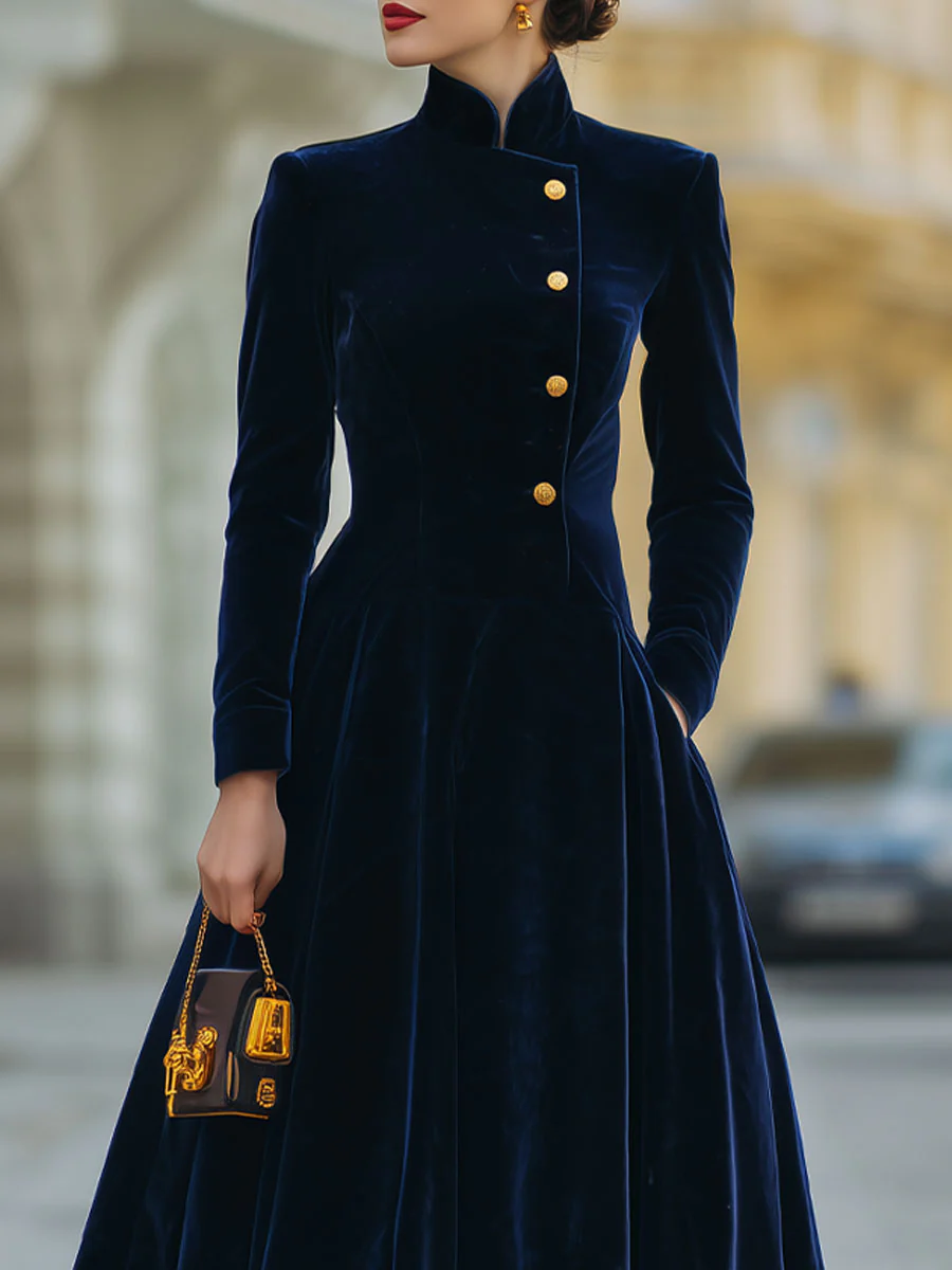 Luxe Navy Velvet A-Line Dress With Gold Accents