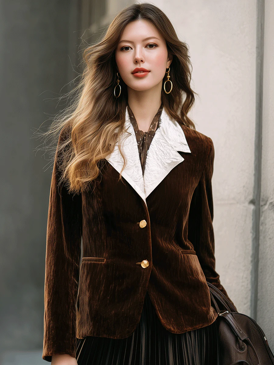 Chocolate Velvet Contrast-lapel Blazer