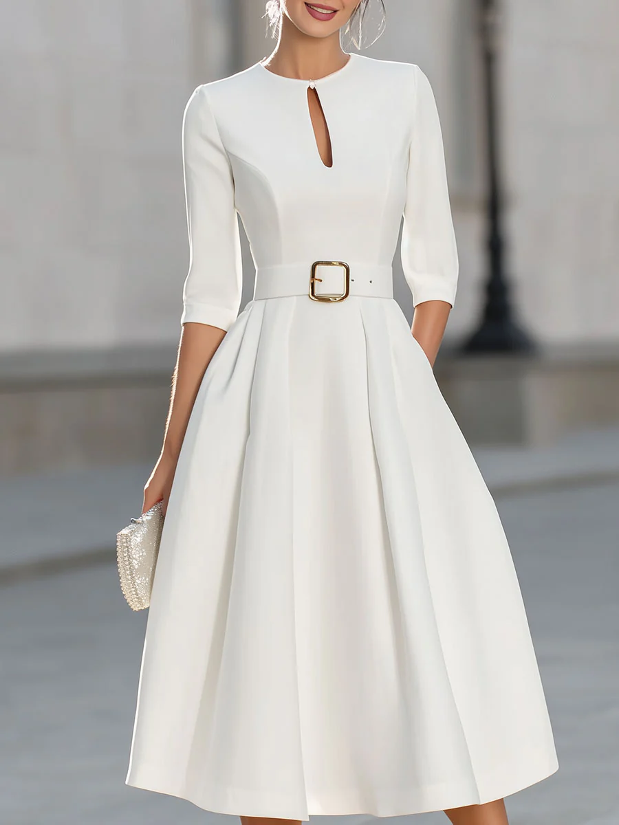 Mooyius Elegant White Keyhole Neck Midi Dress With Structured Belt