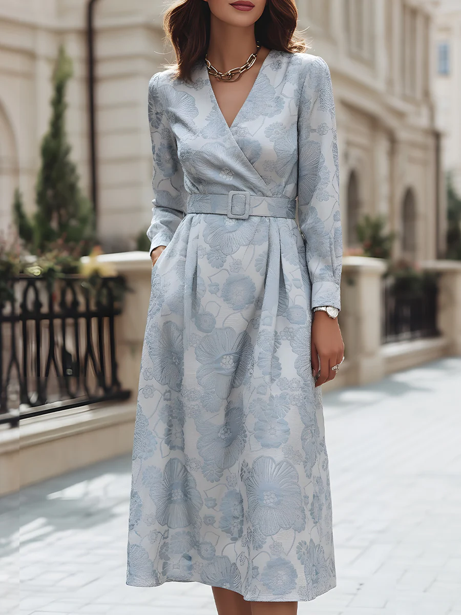Luxurious V-Neck Jacquard Belted Midi Dress