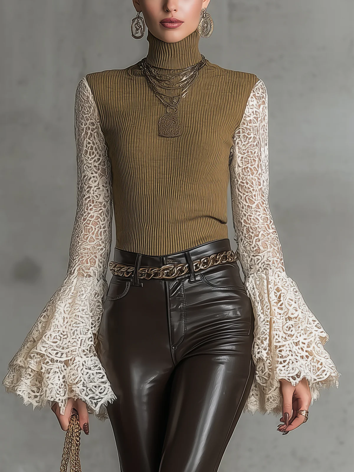 Olive Ribbed Turtleneck Top With Lace Bell Sleeves