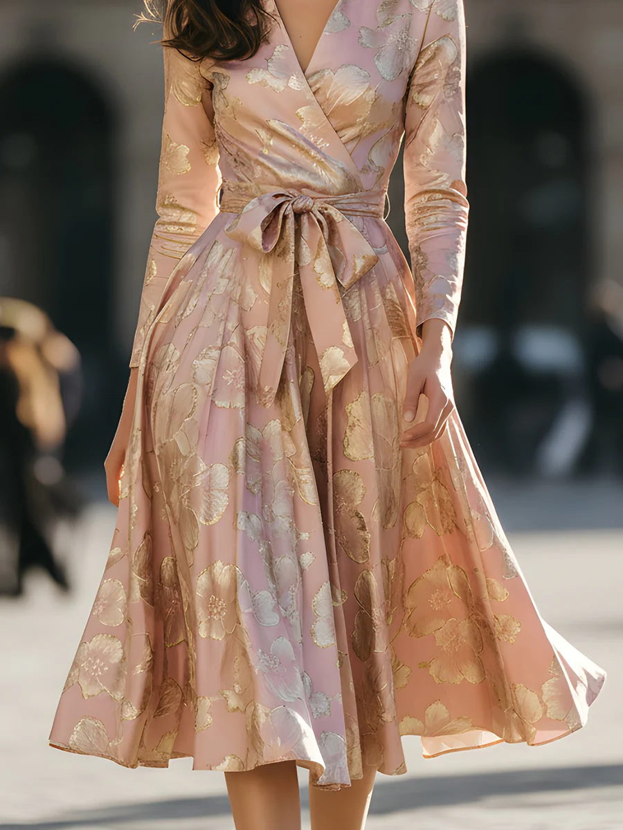 Metallic Floral Jacquard Wrap Dress