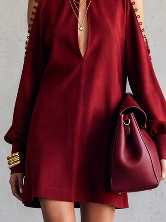 Red Cold Shoulder Faux Suede Dress With High Neck