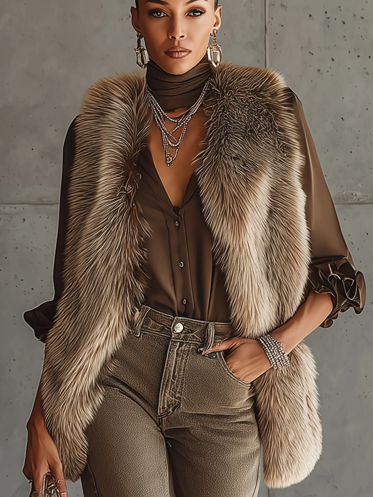 Taupe Gradient Faux Fox Fur Eco Friendly Vest