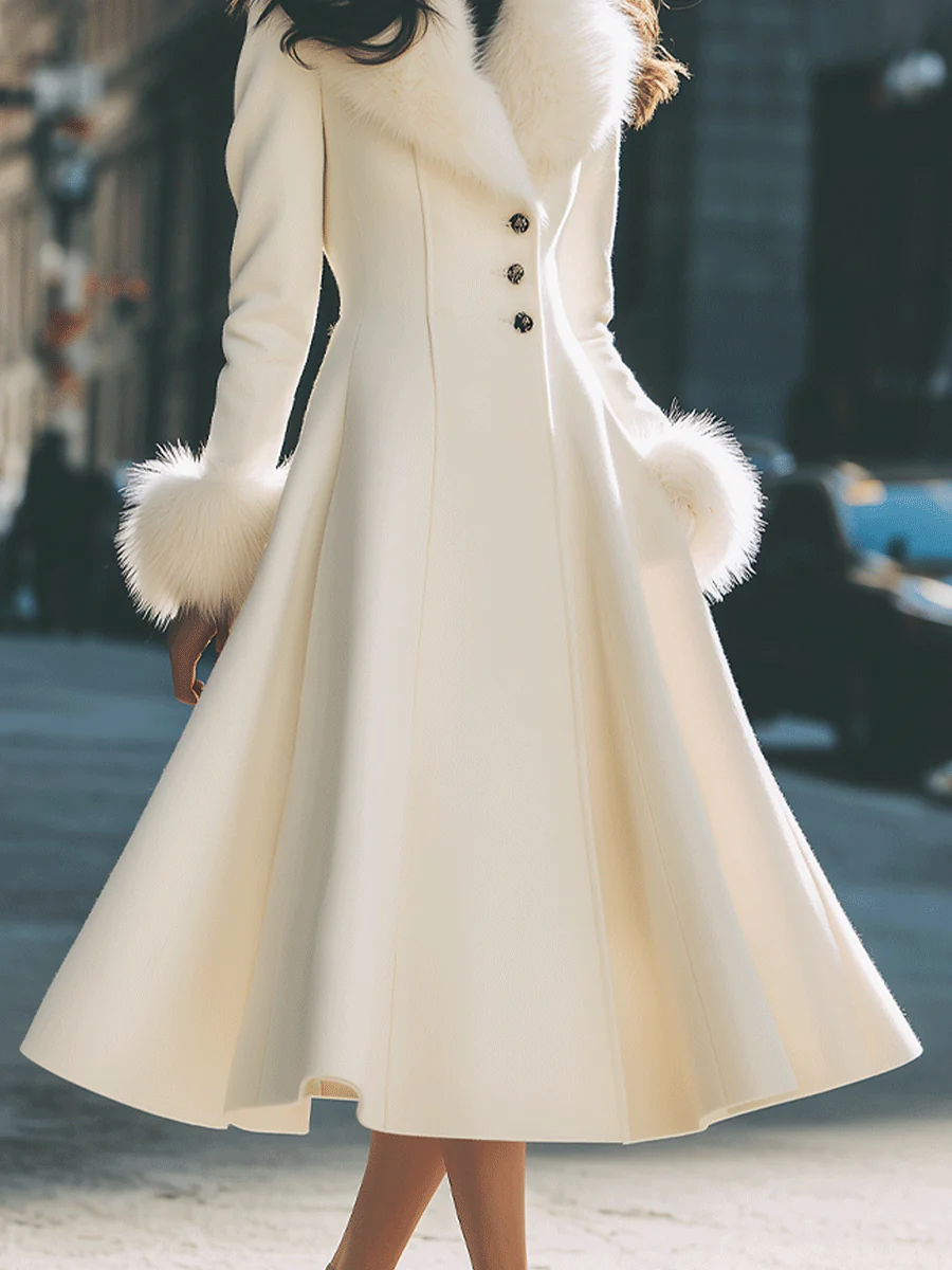 Ivory Flared Coat With Faux Fur Collar And Cuffs