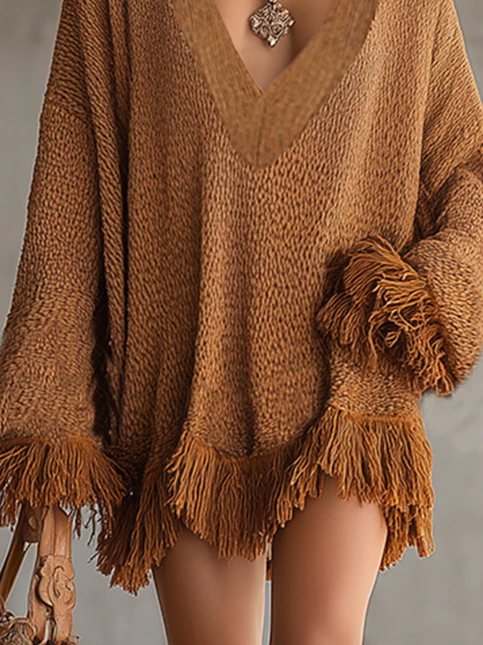 Camel Oversized Knit Sweater Dress With Fringe Trim And Deep V-Neck