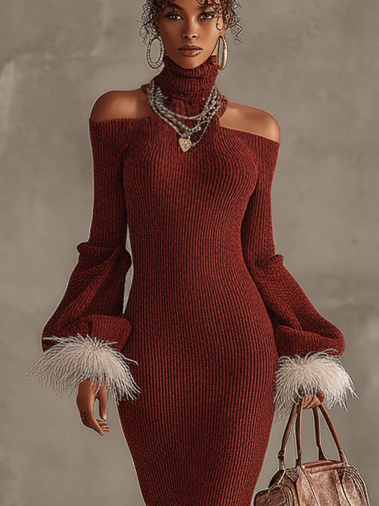 Red Knit Off Shoulder Dress With Feathered Cuffs