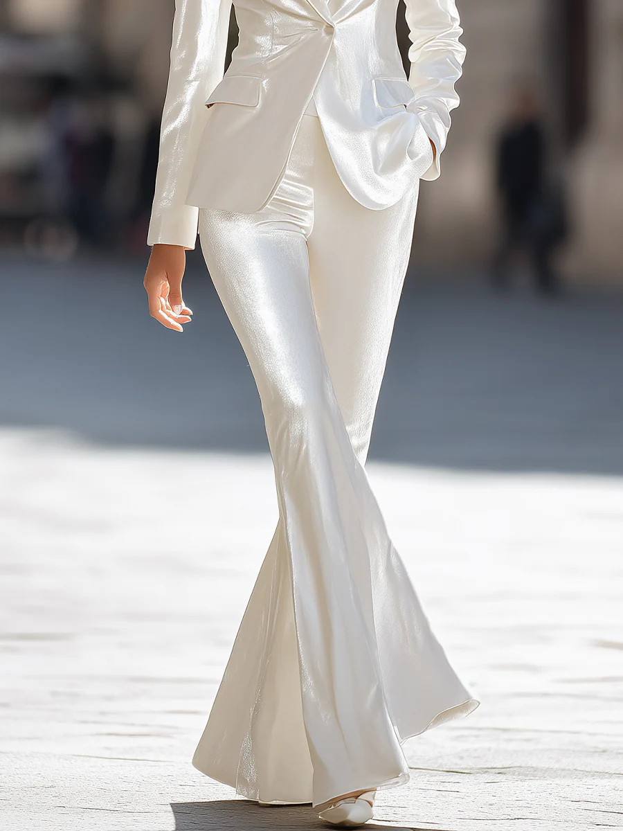 Elegant Satin Tailored Blazer And Flared Pants Set