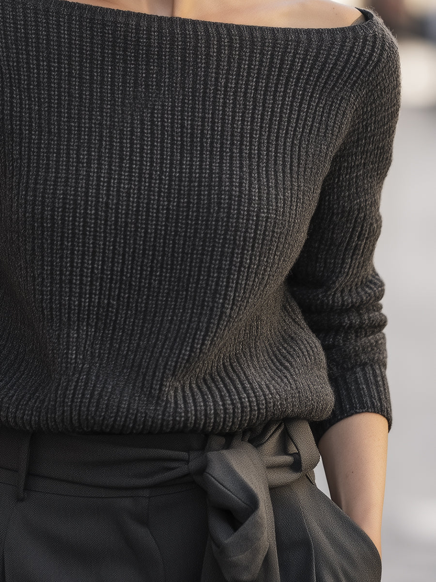 Charcoal Ribbed Knit Off-Shoulder Sweater