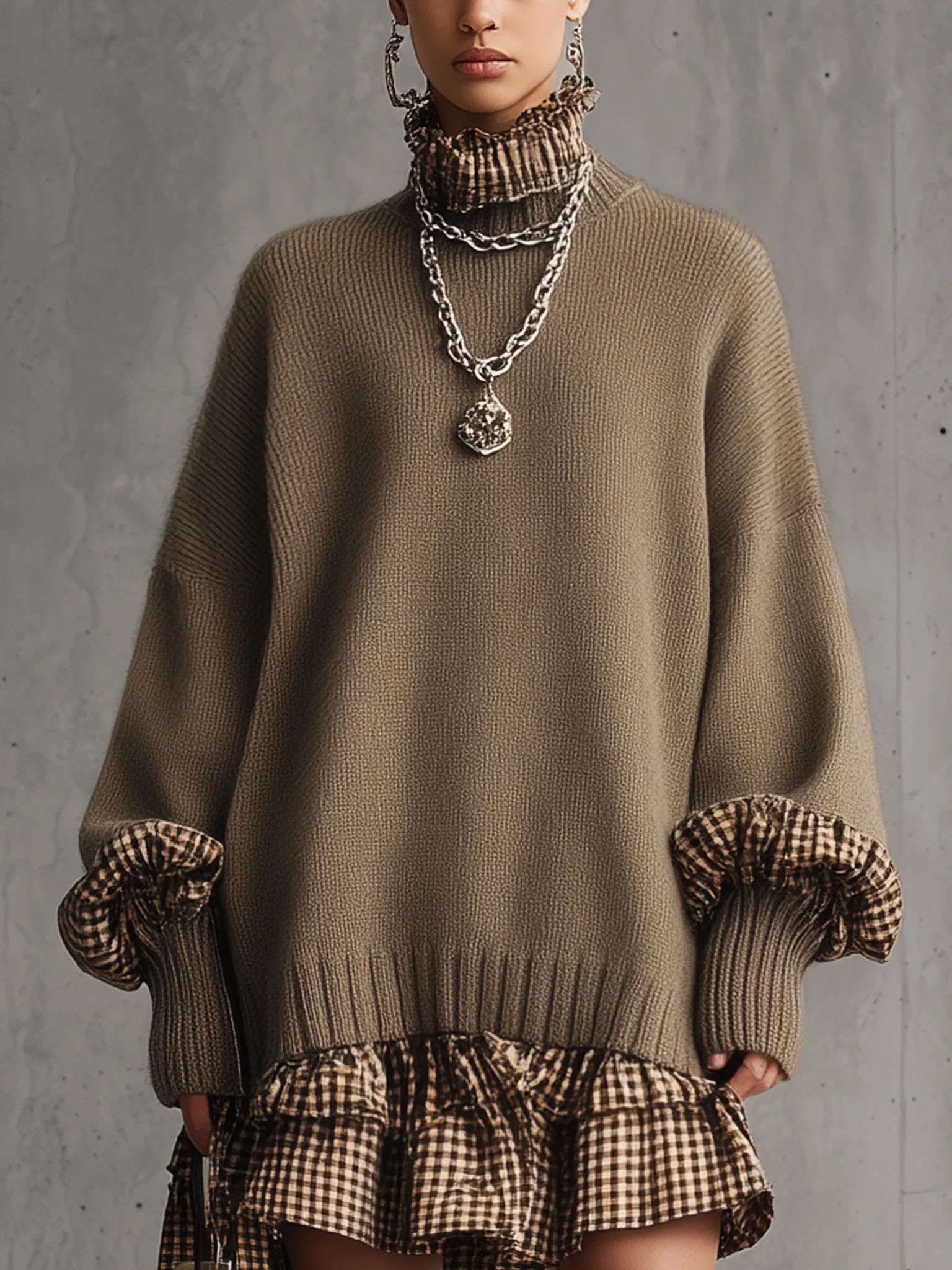 Brown Knitted Plaid Ruffle Long Sleeve Mini Dress