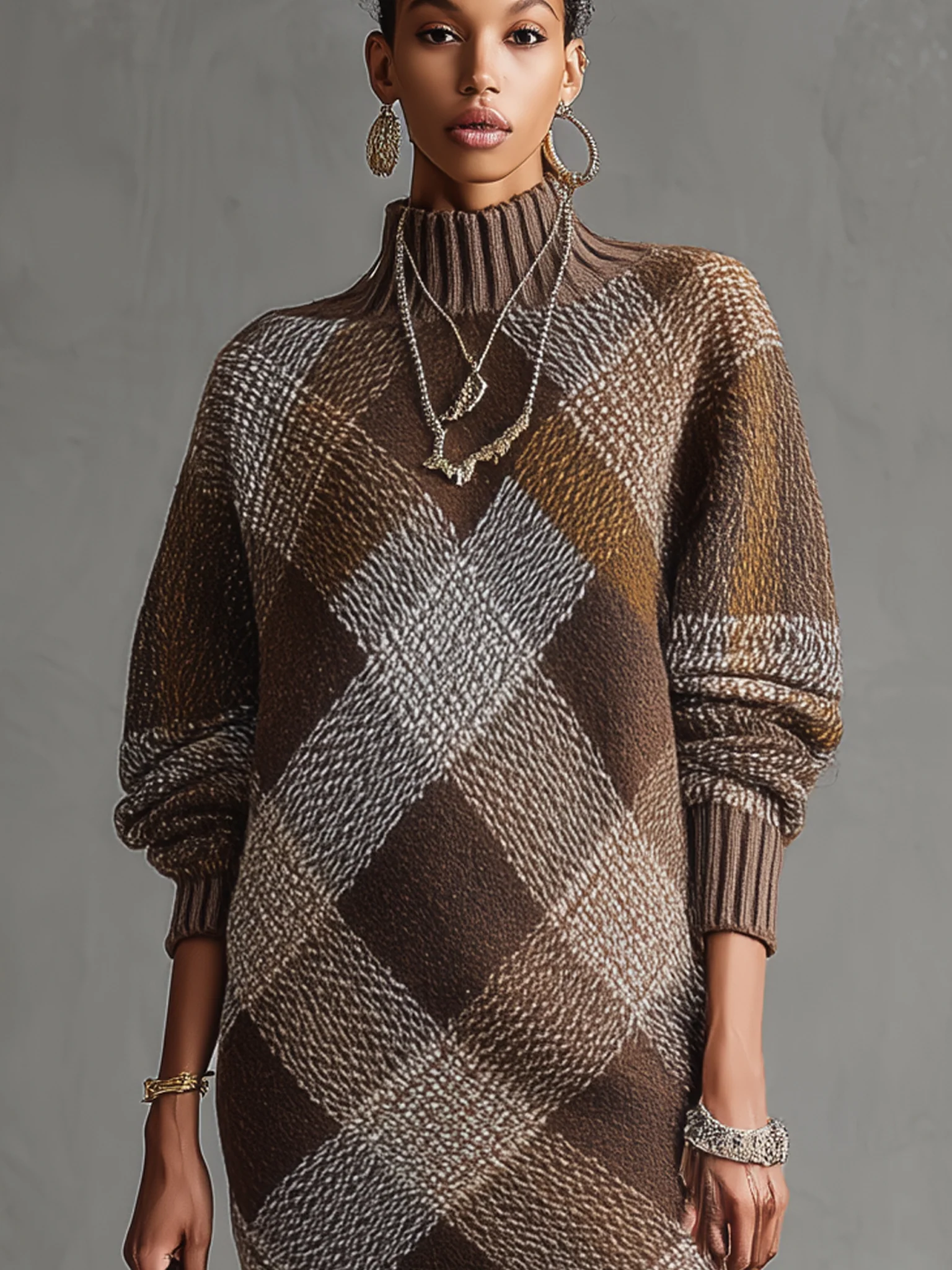 Brown Plaid Turtleneck Knit Long Sleeve Mini Dress