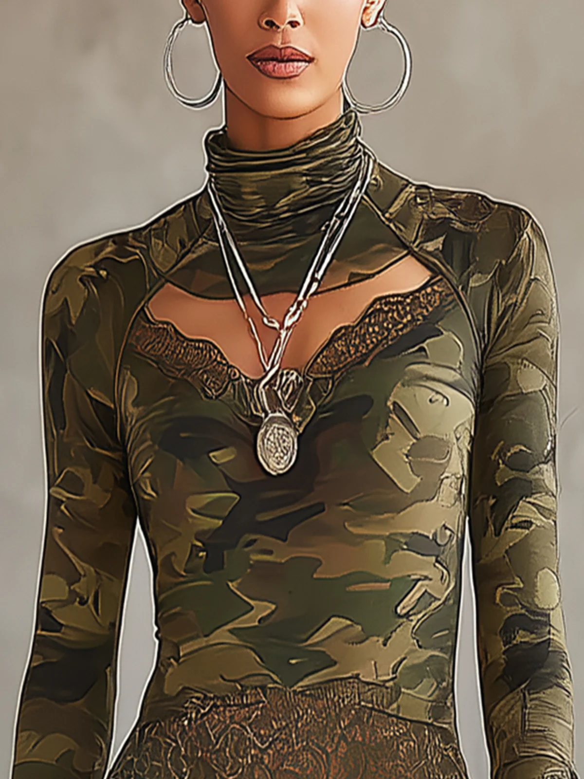 Camouflage Lace Trim Mesh Cutout Turtleneck T-shirt