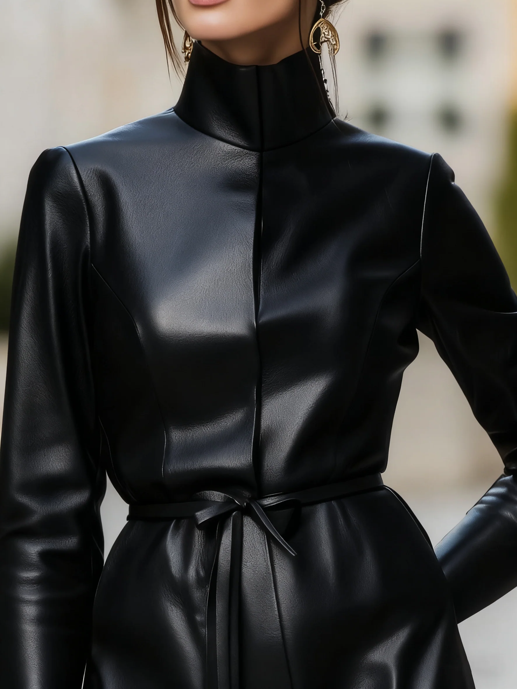 Elegant Faux Leather A-Line Dress With Belted Waist