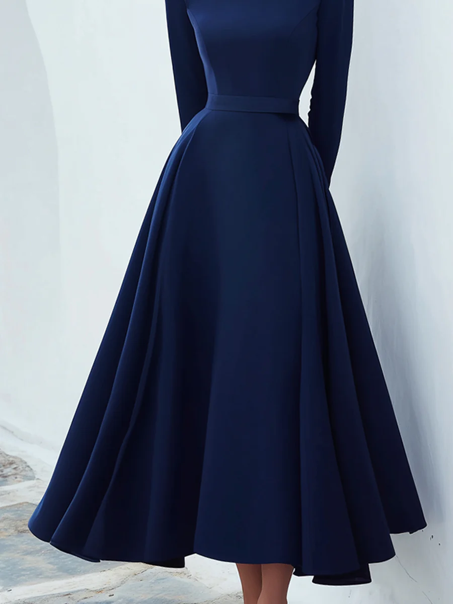 Navy Bow-Shoulder Long-Sleeve Midi Dress