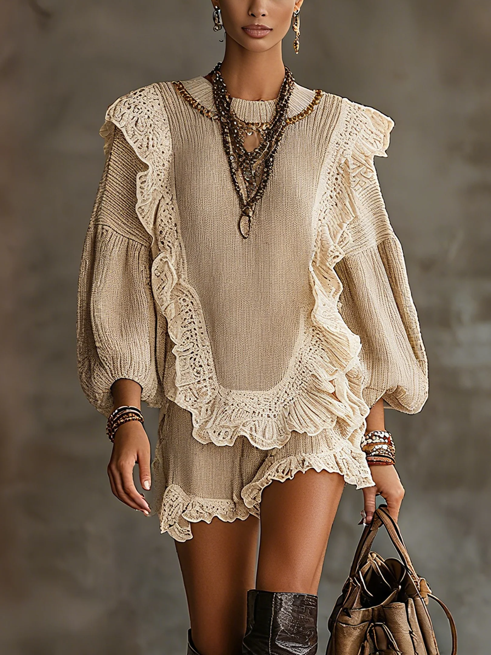 Beige Ruffled Knit Lace Long Sleeve Mini Dress
