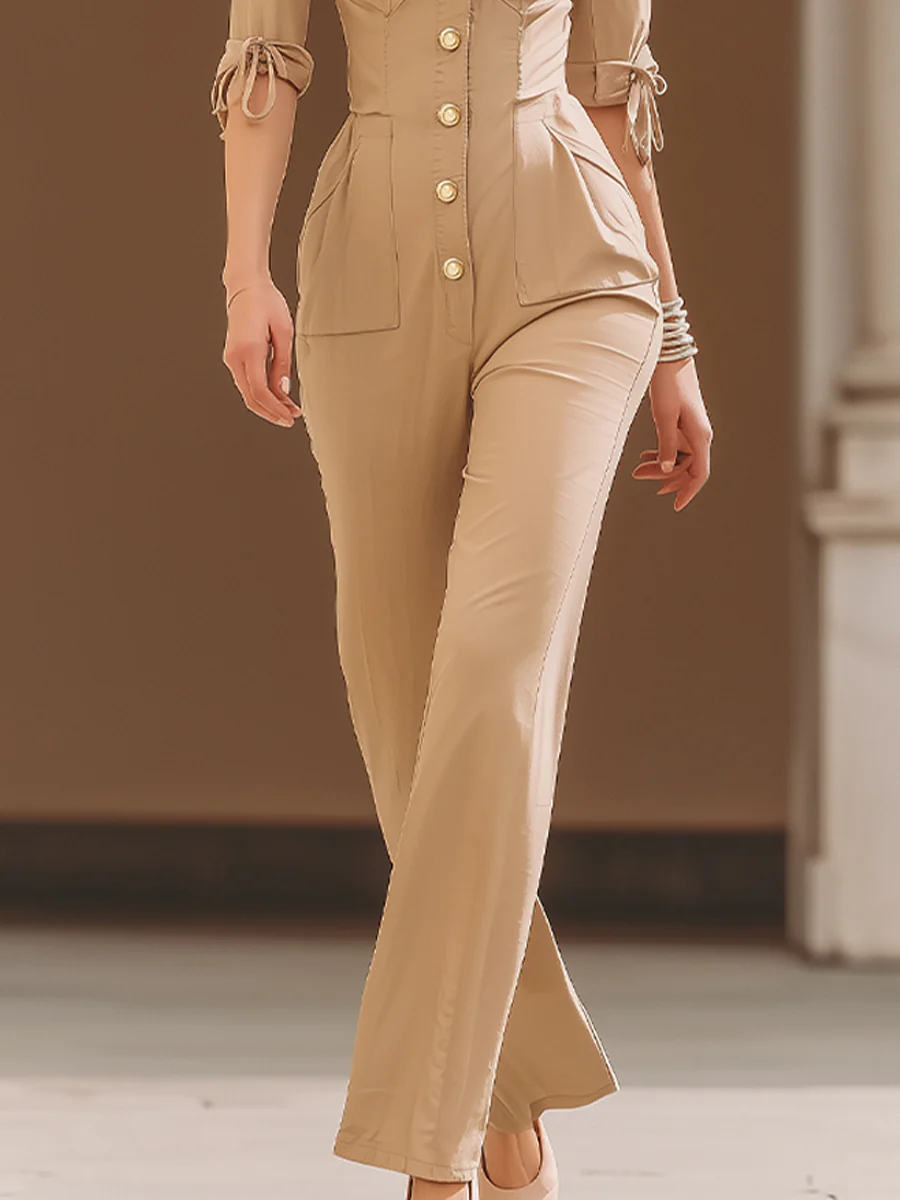 Chic Beige Utility-Inspired Tailored Jumpsuit