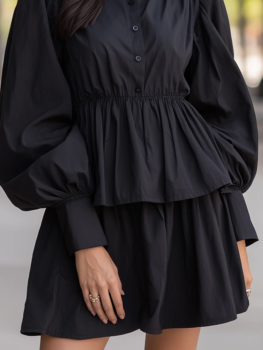 Balloon-Sleeve A-Line Shirt Dress