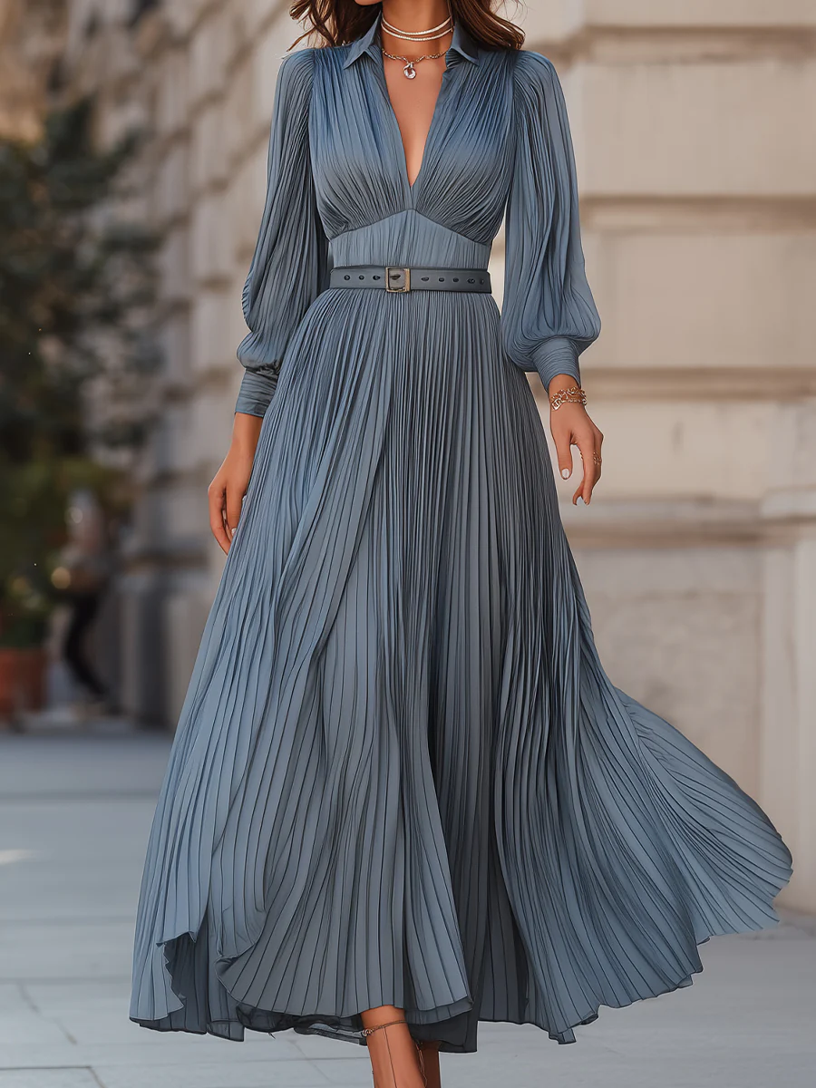 Mooyius Steel Blue Pleated Midi Dress