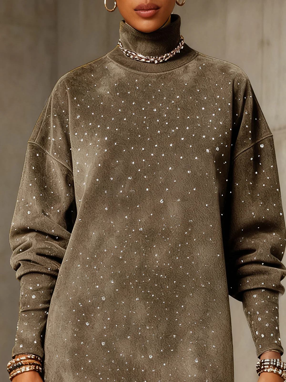 Gray Faux  Suede Turtleneck Dress With Fringe Hem