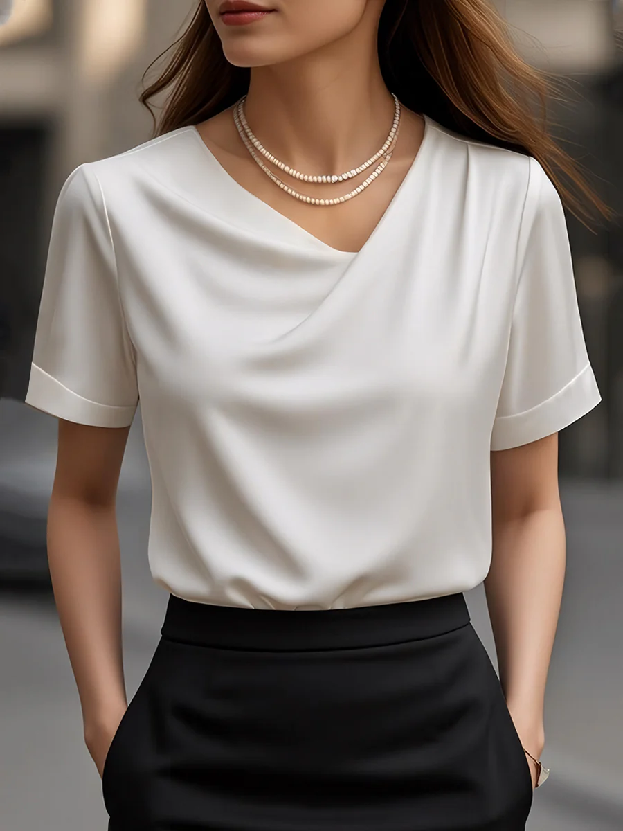 Elegant Plain Short-Sleeve Blouse with Draped Neckline