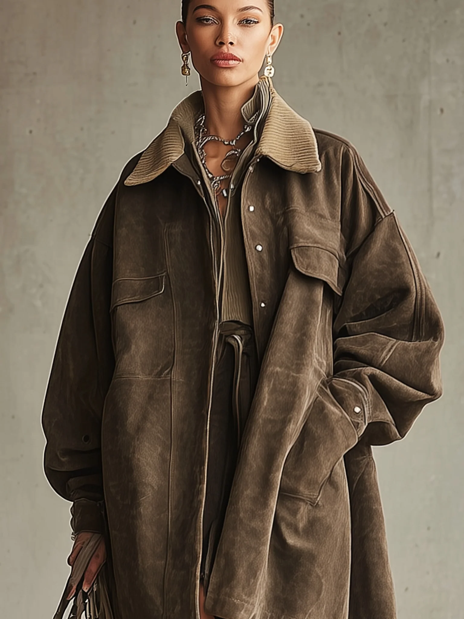 Brown Washed Oversized Suede Jacket With Corduroy Collar