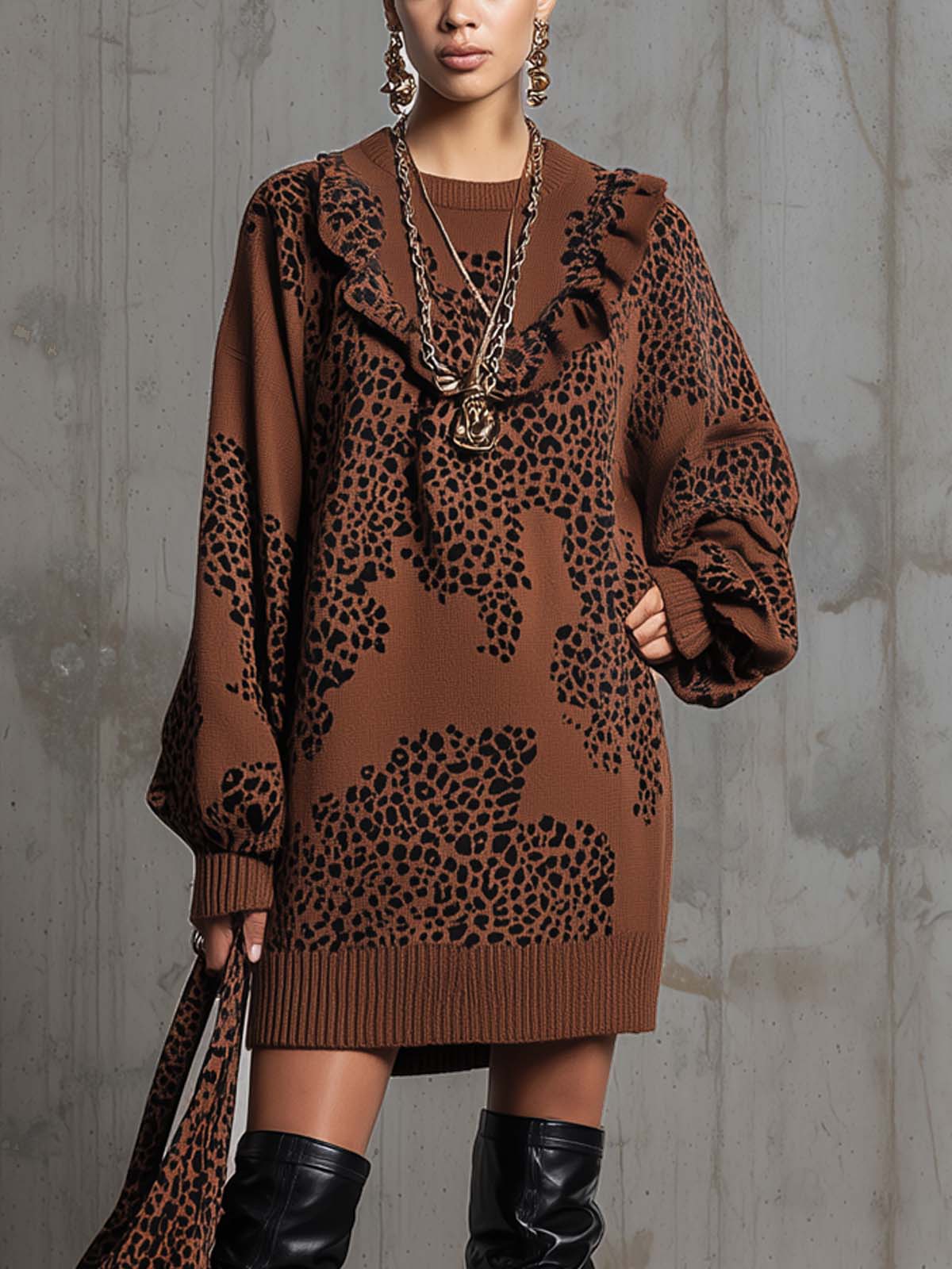 Brown Knitted Leopard Print Long sleeved Dress With Ruffles