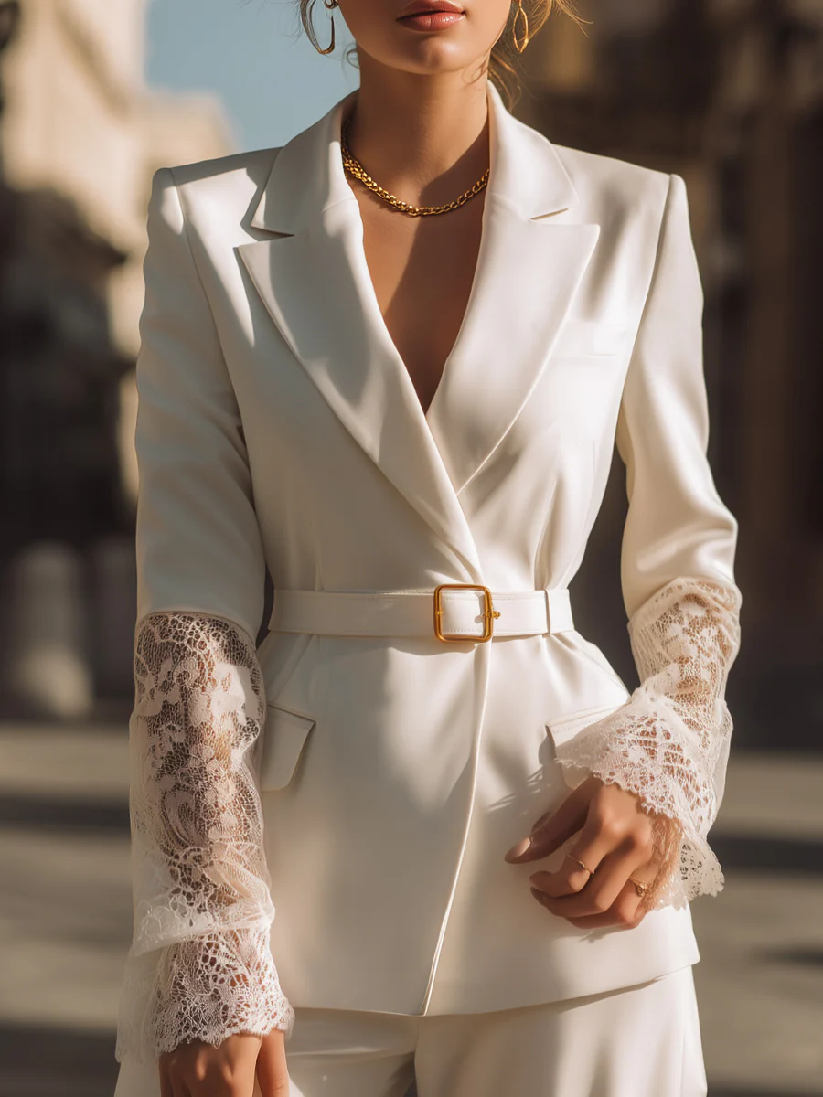 Tailored Lace-Cuff Belted Blazer
