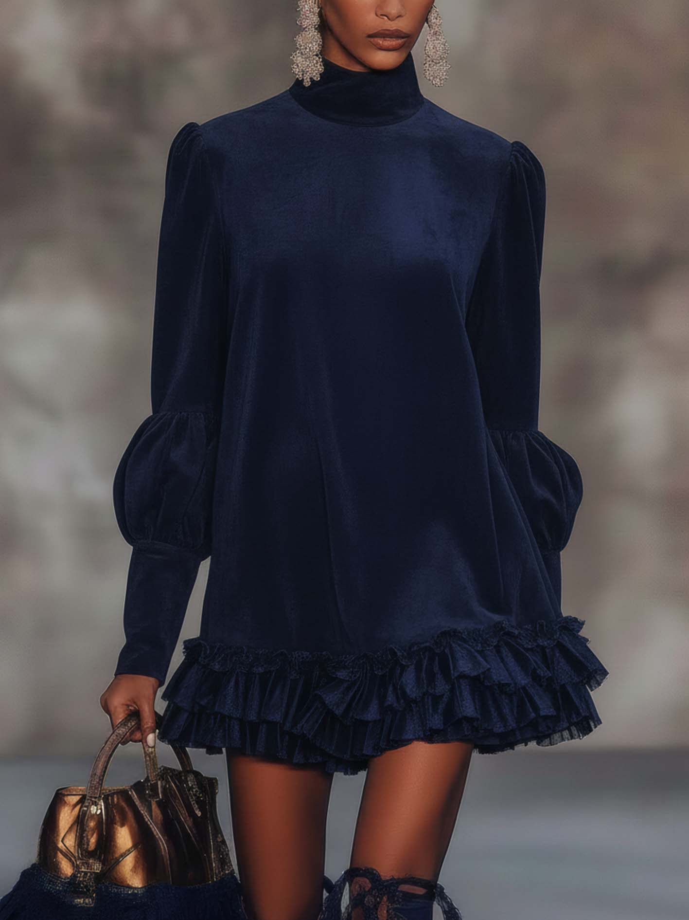 Dark Blue Faux Suede Mini Dress With Ruffles