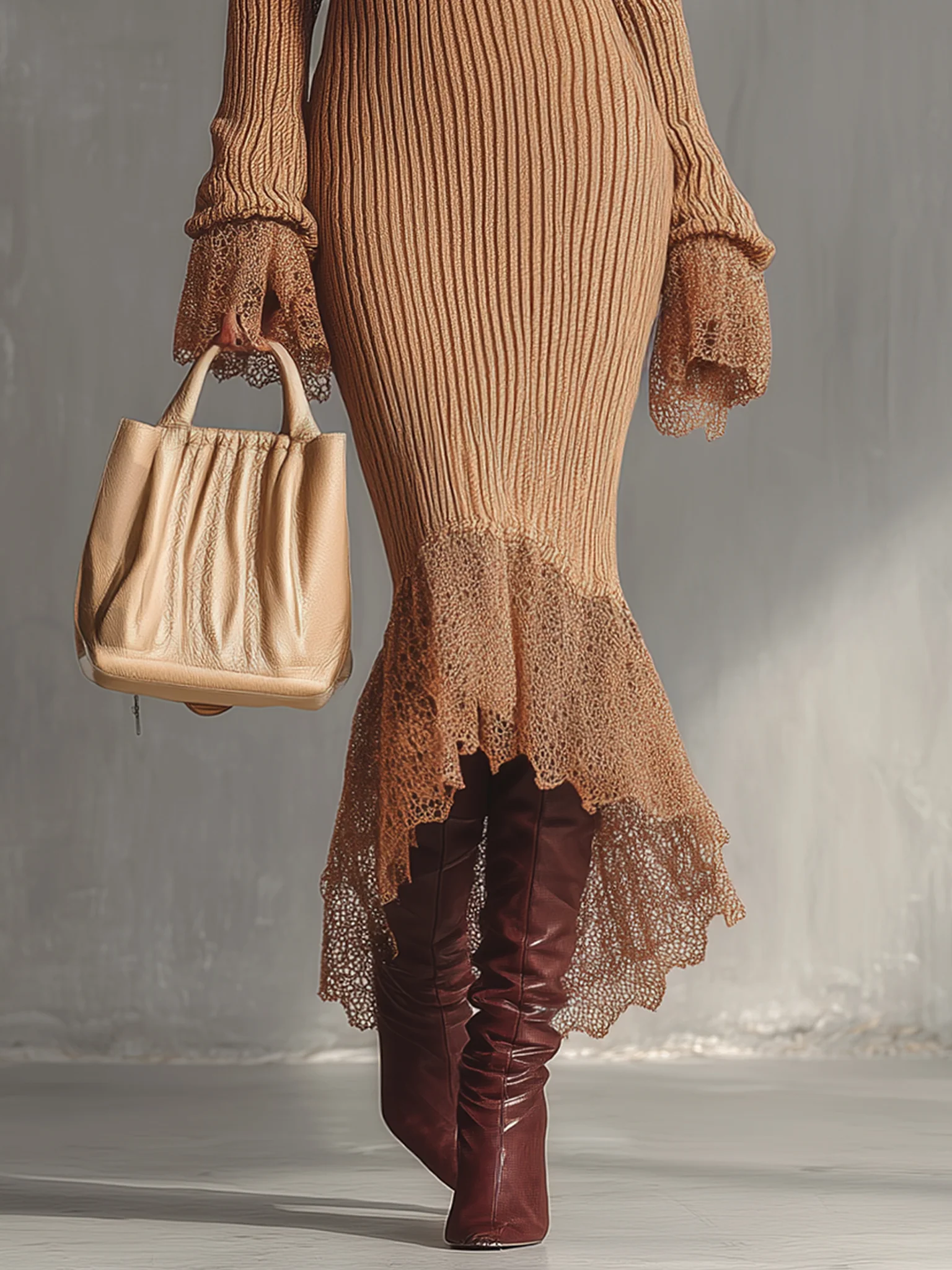 Camel Knit Lace Trim Long Sleeve Bodycon Dress