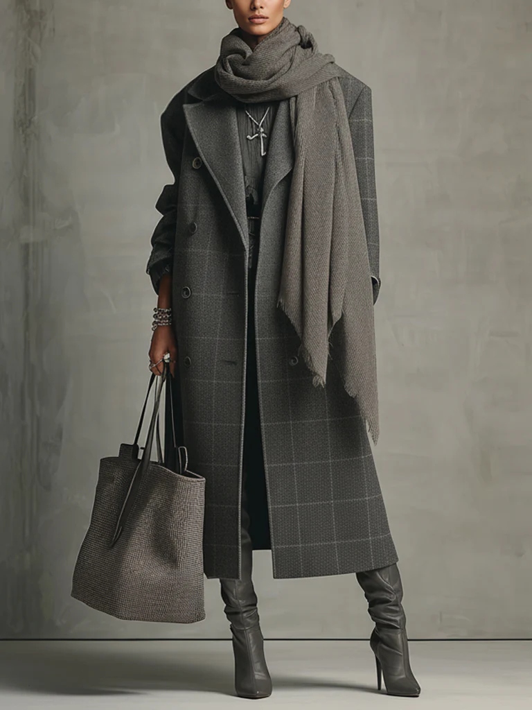 Charcoal Gray Check Double Breasted Wool Blend Coat