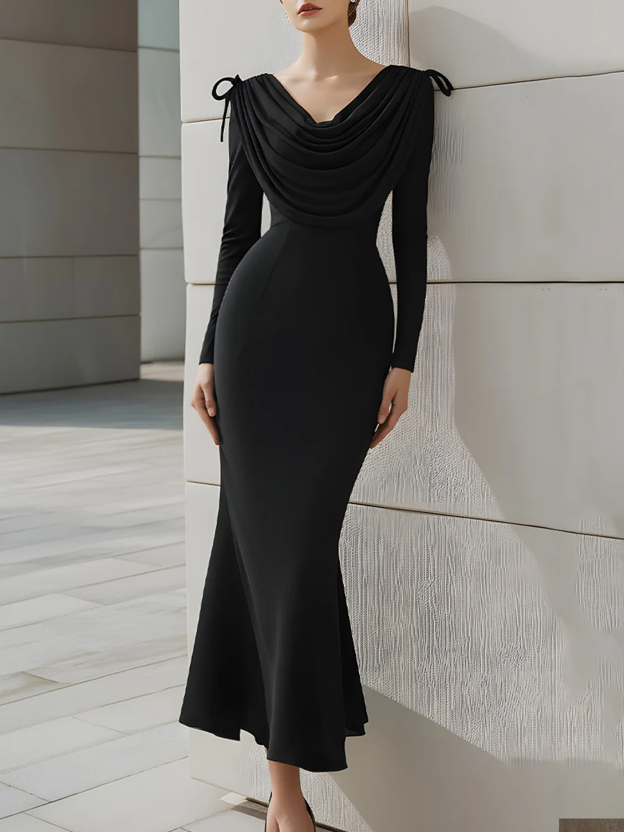 Draped Shoulder Bow Detail Black Mermaid Dress